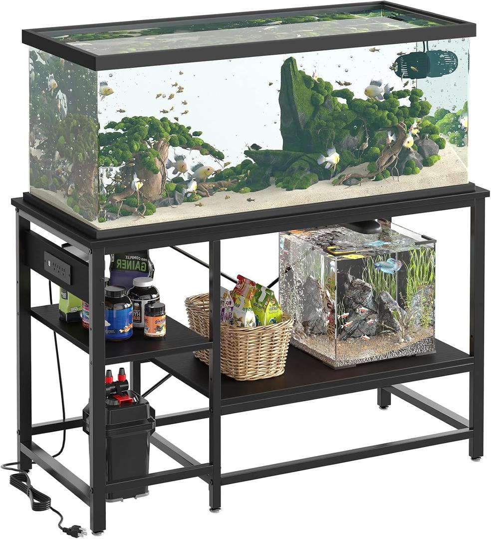 Bestier 55 Gallon Fish Tank Stand with Power Outlet, 49x13 Metal Aquarium Stand with Filter Storage, 6-Leg Long Reptile Tank Stand with 3-Tier Adjustable Storage Shelves, 700LBS Capacity, Black Oak