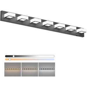 Ralbay 46inch Matte Black Vanity Lights 7 Lights Dimmable 5 Color Temperature Acrylic Modern LED Black Vanity Lighting for Bathroom