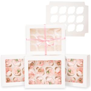 Bakepacker Auto-pop up 12 Cupcake Containers 6-Packs White Cupcakes Carrier, 12 Cupcake Boxes with Window 13"x10"x3.5"