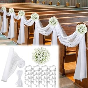 Riceshoot 3 Pcs Church Pew Wedding Decorations White Fabric Tulle Silk Flower Pew Clips Wedding Aisle Decor for Church Ceremony Banquet Party Reception(White)