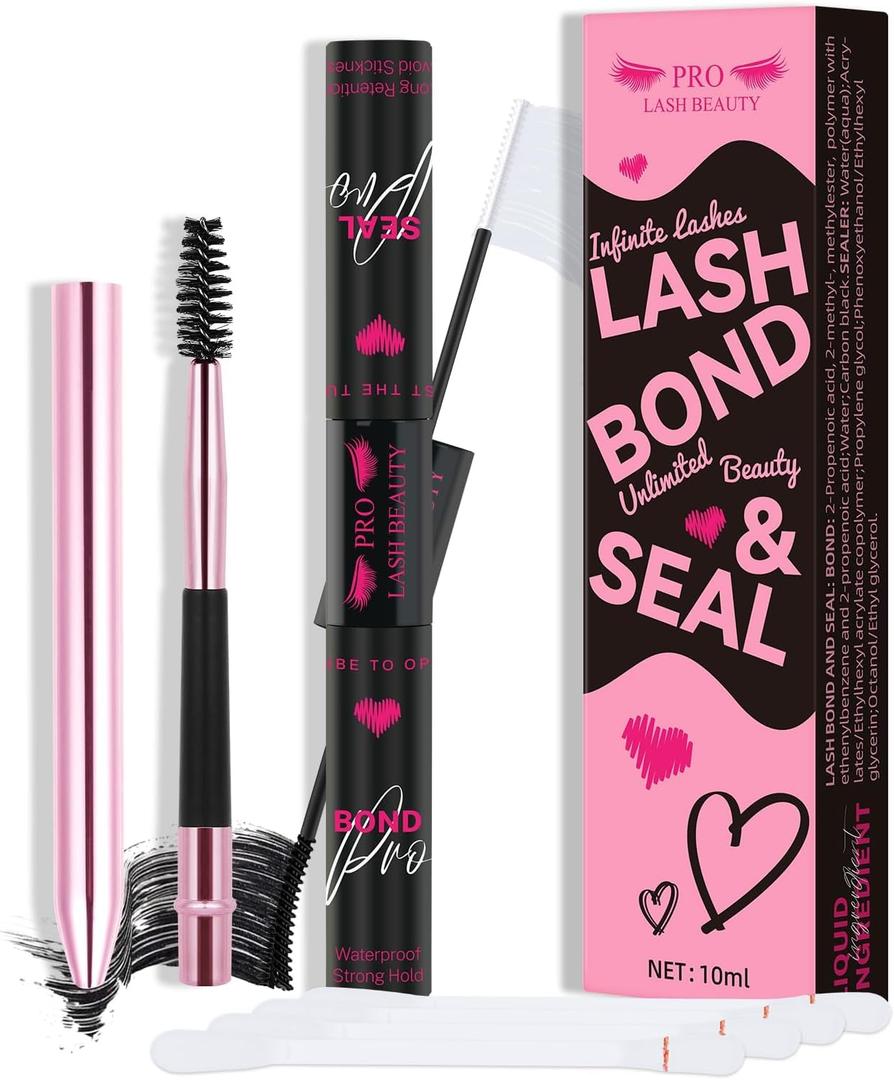 Lash Bond and Seal Cluster Lash Glue & Seal Waterproof Bond and Seal Cluster Lash Glue for DIY Eyelash Extensions Waterproof Strong Hold (5ml+5ml, Black Bond & Clear Seal)