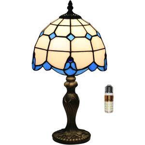Tiffany Table Lamp, Tiffany Style Stained Glass Lamp, 8 Inch Small Antique Bedside Lamp, for Nightstand Bedroom Living Room Home Office, Blue, Include LED Bulb