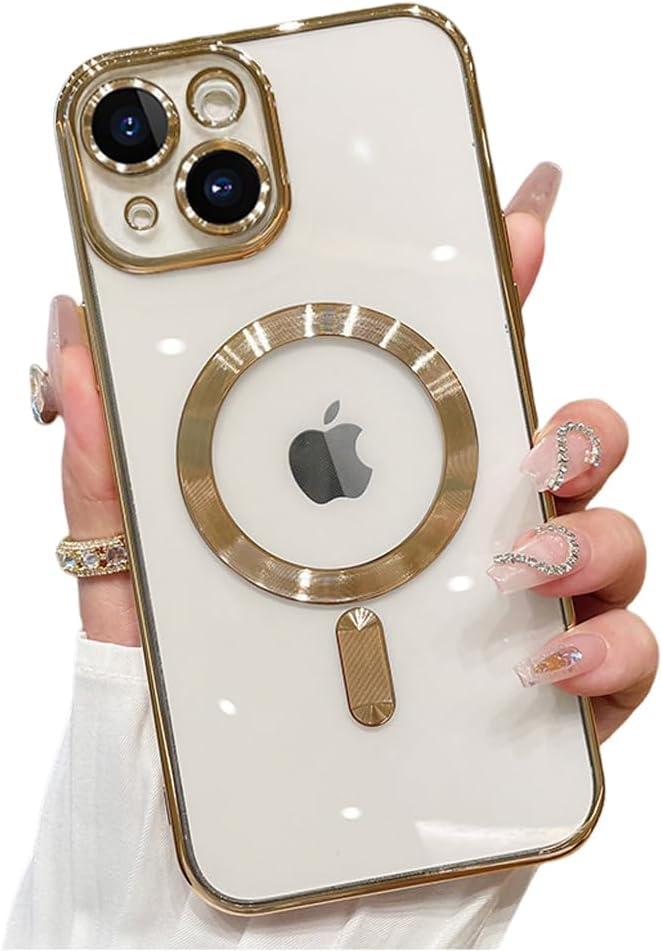 Magnetic Case for iPhone 15 Plus Case Clear Compatible with MagSafe Built-in Camera Lens Protector Soft Slim Shockproof Phone Case Cover for iPhone 15 Plus 6.7" - Gold