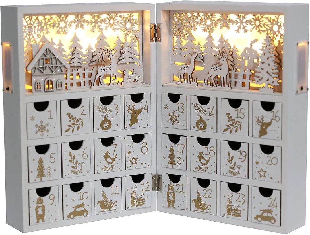 Christmas Wooden Advent Calendar Book with LEDs White & Gold Christmas Reindeer Countdown Holiday Gifts with 24 Drawers Adults Kids Home Decoration (White&Gold)