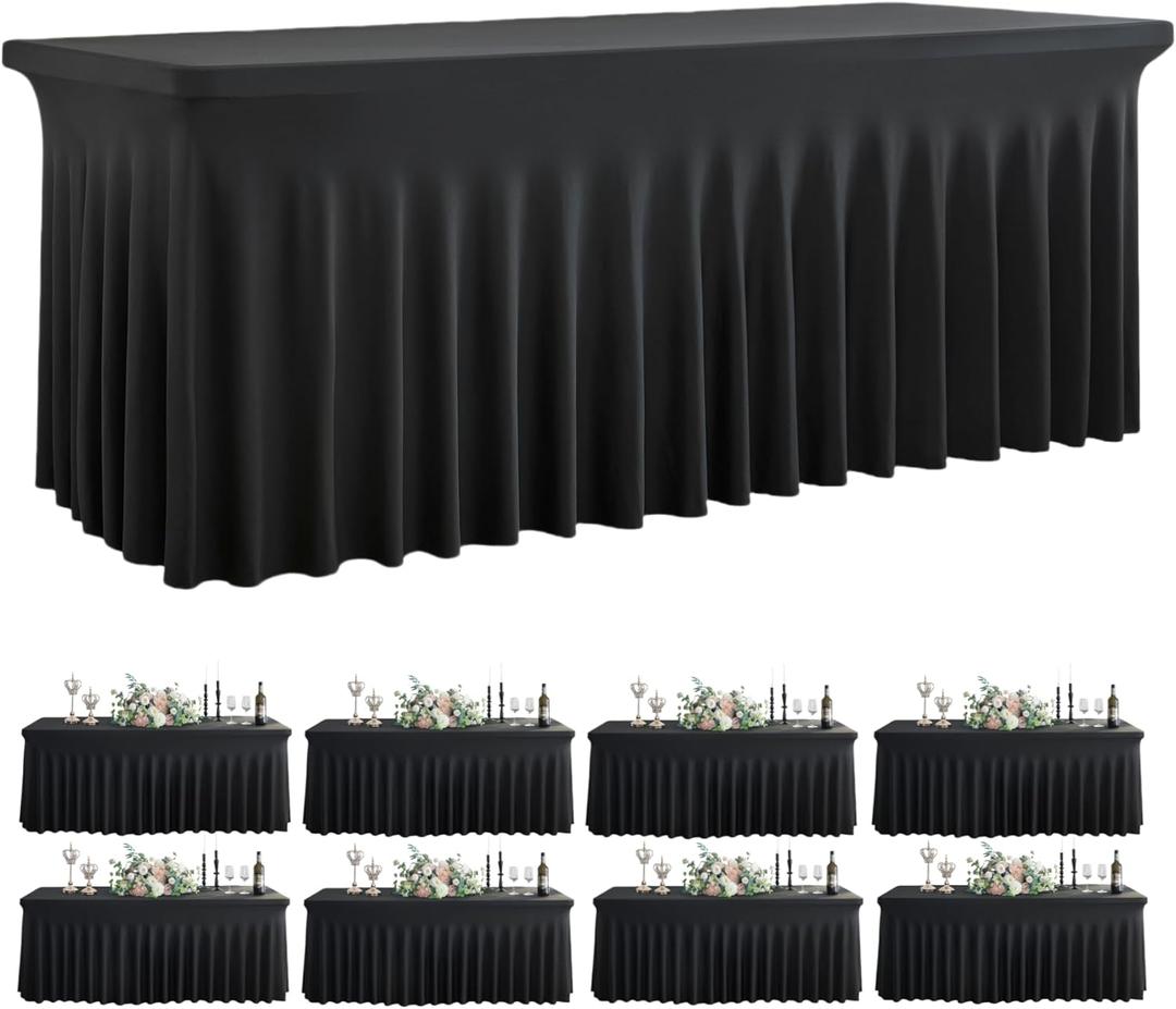 Outpain Wrinkle Free Spandex Tablecloth for 6 Foot Rectangle Tables, 8 Pack Black Fitted Table Cloths 6ft Stretchy Banquet Table Clothes Cover Desk Skirt for Birthday Wedding Parties Baby Shower
