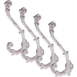 CRAFTSMAN ROAD Vintage Cast Iron Wall Hooks (Antique White Finish, Set of 4) - Rustic, Farmhouse, Shabby Chic, French Country Coat Hooks | Great for Coats, Bags, Towels, Hats | French Slender