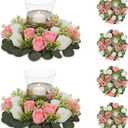 NUPTIO Artificial Flowers Candle Rings - 6 Pcs 14 inch Diam Large Pink & White Fake Roses Wreath Wedding Centerpieces for Tables Spring Summer Wreath for Front Door Weddings Party Ceremony Decor