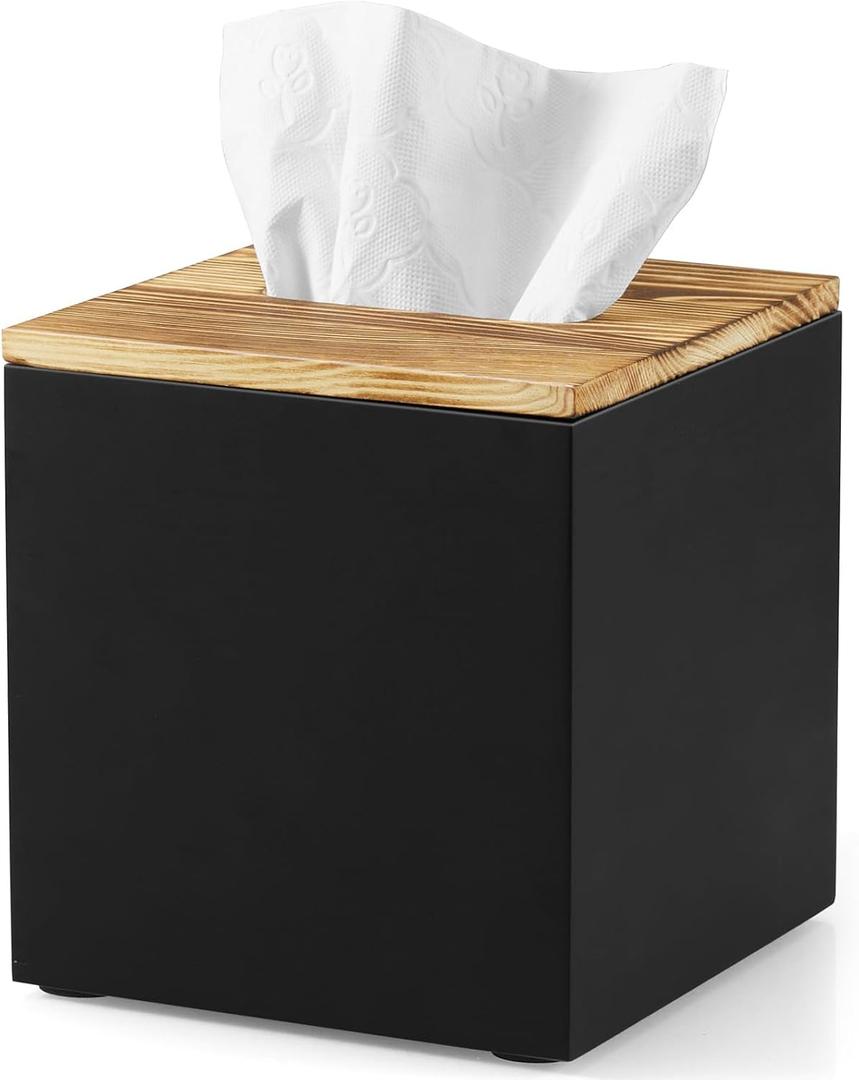 Black Tissue Box Cover Square - Wooden Tissue Box Holder - Decorative Cube Facial Tissue Dispenser for Vanity Toilet Tank Dresser Nights Stand Kitchen Table Office Countertop