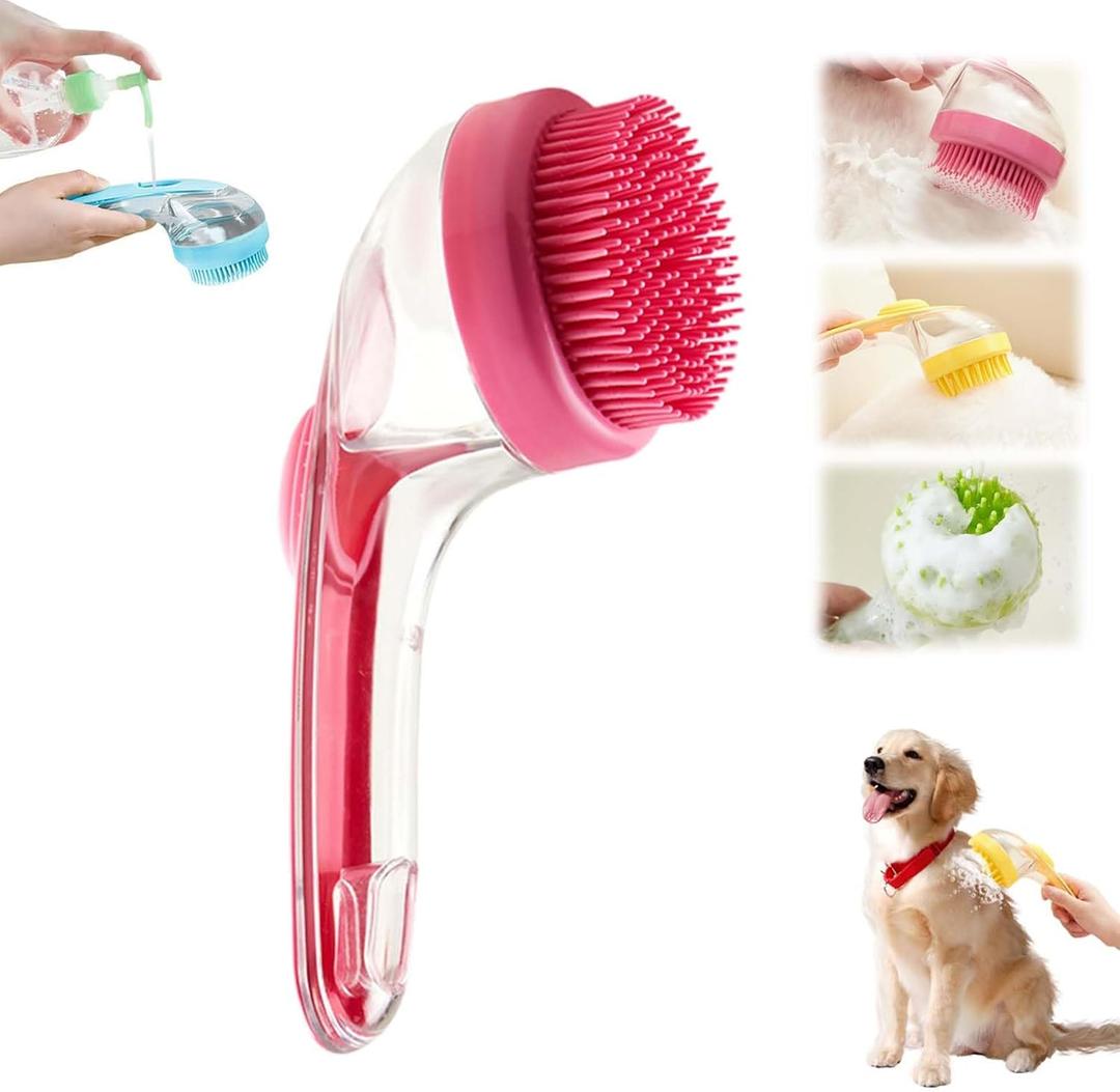 Yilia Pet Bath Brush, 2025 New 2 in 1 Dog Bath Brush with Built-in Shampoo Dispenser, Pet Wash Brush for Bathing Dog Grooming Massage Brush for Long Short Haired Dogs Cats Shower (Pink, Fine Teeth)