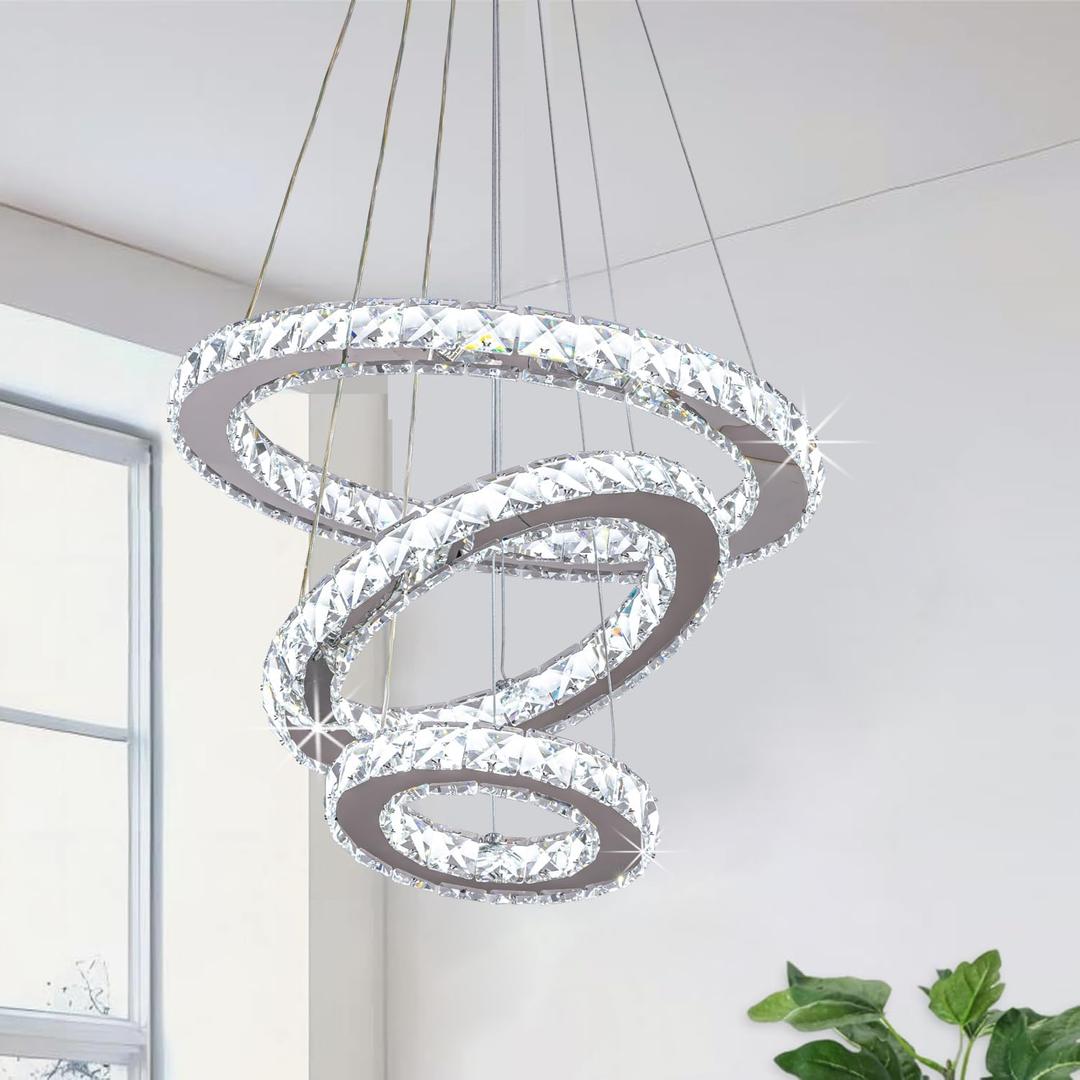 Modern Crystal Chandelier LED Chandeliers for Dining Room 3 Ring Chandelier Silver Round Pendant Lighting Adjustable Stainless Steel Ceiling Light Fixture for Living Room Bedroom Foyer Entryway