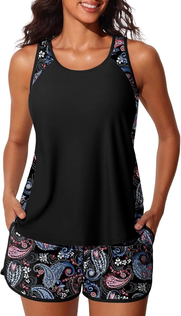 Summer Mae Blouson Tankini Swimsuits for Women 2026 Tummy Control Two Piece Bathing Suits with Sporty Pockets Swim Shorts (14, Black Paisley)