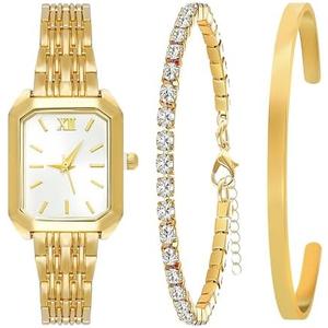 NEWITIN 3 Pieces Women Gold Watch Bracelets Set Fashion Costume Jewelry Stainless Steel Gold Plated Square Wristwatch Diamond Bangle Bracelet Watch Jewelry Set for Women