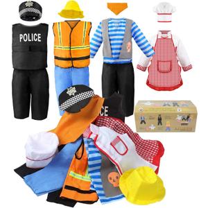 Jeowoqao Boy's Dress Up Costumes Set, Kids Role Play Set 11pcs Dress Up Trunk Pirate, Chef, Construction Worker, Policeman Costume For Kids Girls Toddler Age 3 4 5 6 Christmas Birthday Gift