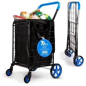 SereneLife Small Compact Folding Shopping Cart with Removable Waterproof Liner 360 Swivel Wheels, RustProof Steel Frame, 70lb Capacity Portable Grocery, Laundry & Travel Cart (Blue)
