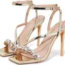 Elisabet Tang Womens Crystal Stilettos Heeled Sandals, 4 Inch Square Open Toe Strappy Sexy High Heels Ankle Strap Buckle Heels for Party Wedding Dress Daily Wear Shoes (6.5, Gold Rhinestone)