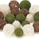 USMOLA 18Pcs Decorative Balls for Centerpiece Bowl - 6Pcs Fake Moss Balls + 12Pcs Rattan Wicker Balls, Artificial Moss Decorative Balls Vase Fillers for Home Garden Wedding Party Decor (Rustic)