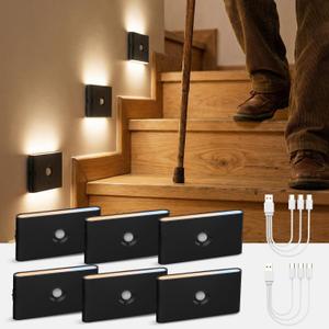 wowatt 6 Packs Rechargeable Motion Sensor Stair Light Black, Magnetic Mounting Design, Lighting Dimmable, Battery Night Lights for Stairway, Hallway, Bathroom