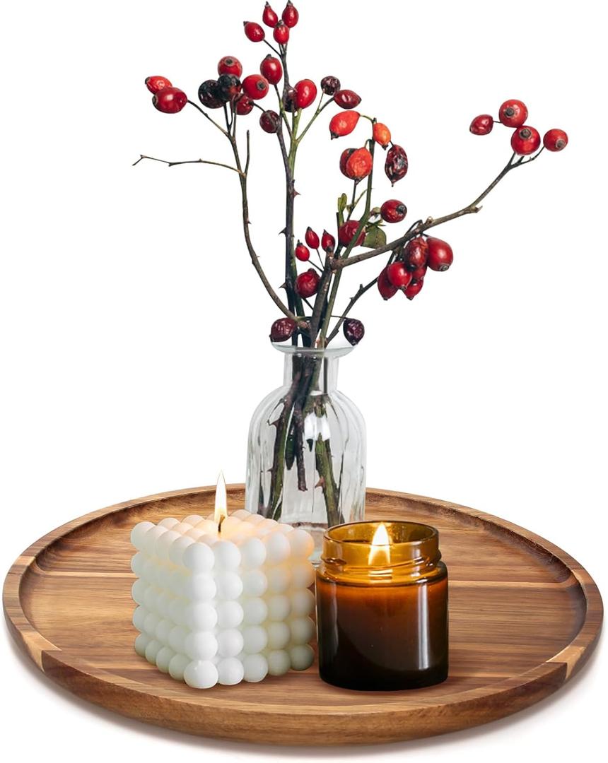 Acacia Round Wood Tray Decorative Serving Trays for Ottoman Coffee Table Candle Holder Tray Kitchen Counter Island Accents Home Decor Circle Circular Wood Centerpiece Trays for Dining Room Table (12")