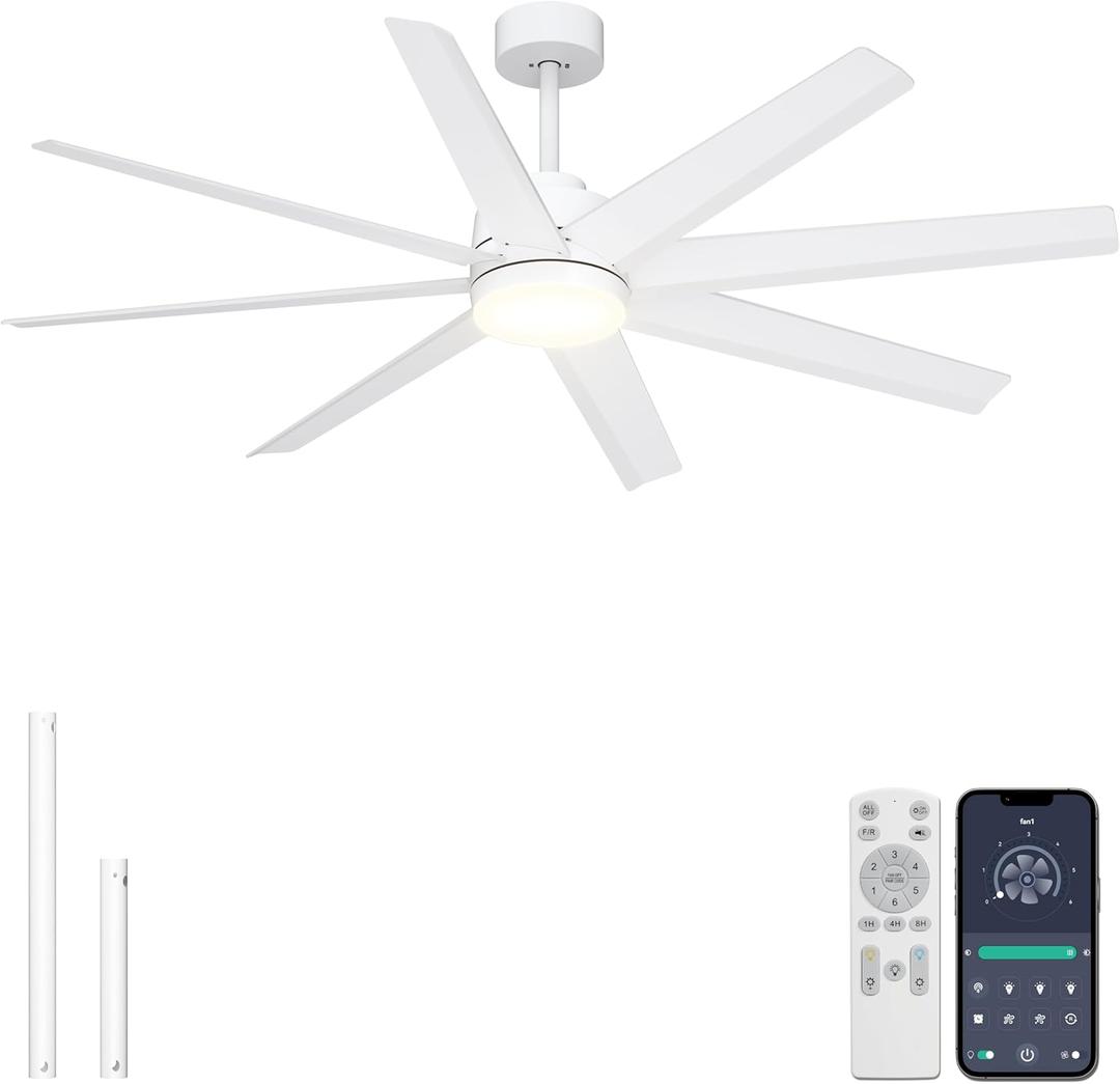 Ohniyou 60'' Ceiling Fan with Light - Modern White 8 Blades Ceiling Fan Remote&APP Control, Dimmable, DC Motor Outdoor Fan for Covered Patio, Living Room, Shop, Garage