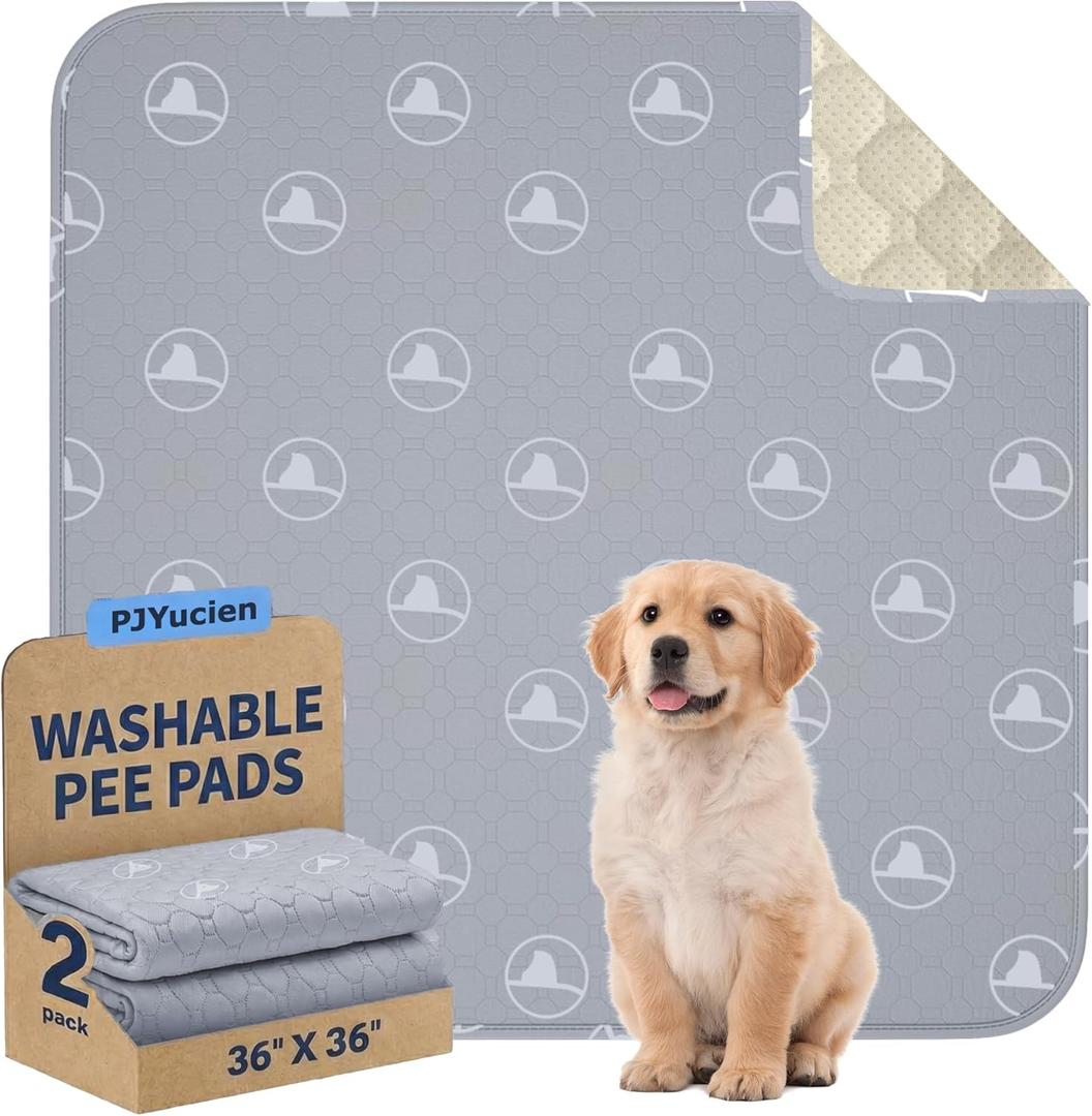PJYucien Washable Pee Pads for Dogs 2 Pack, 36" x 36" Non-Slip and Leak-Proof Pee Mat, Puppy Training Pads for Whelping, Playpen, Crate, Bed (Grey) (Gray White)