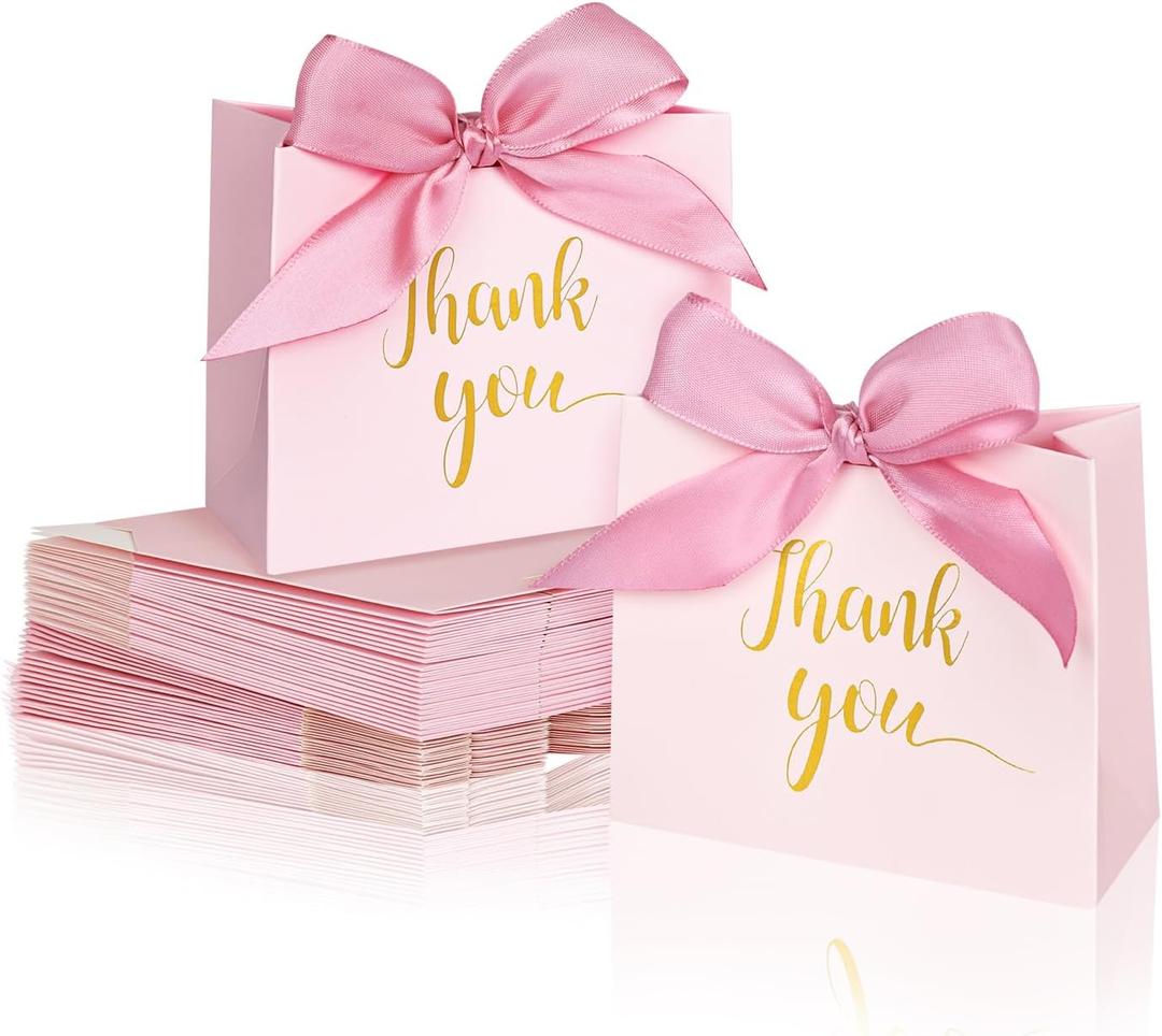 DECHISY 60-Pack Small Thank You Bags, 4.5x1.8x3.9 Inches Pink Paper Gift Bags With Ribbon - Mini Candy Boxes For Wedding, Birthdays & More
