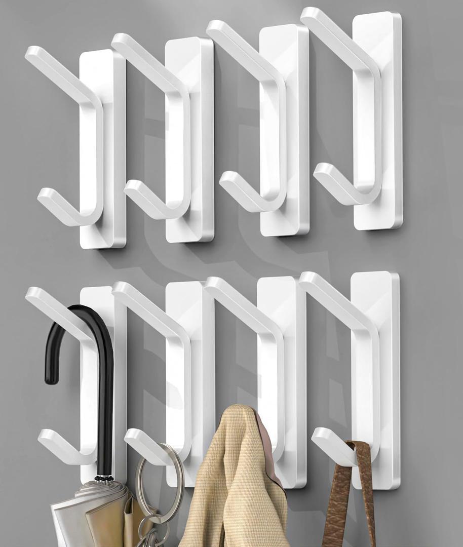 YIGII Adhesive Hooks for Hanging, Damage Free Hanging Wall Hook Removable in Living Spaces, 8 Plastic White Hooks and 8 Adhesive Strips