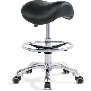 Grace&Grace Ergonomic Rolling Saddle Stool Chair with Wheels Adjustable Swivel Stool with Back and Footrest Heavy Duty for Esthetician, Artist, Dental, Medical, Spa, Salon, Cutting, Home Office (Extra-black)