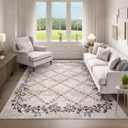 Garveehome 5x7 Washable Floral Area Rugs for Living Room: Modern Floral Non Slip Large Area Rugs for Bedroom, Large Machine Washable Living Room Low Pile Carpet with Non-Slip Backing Beige 5 Ft x7 Ft 