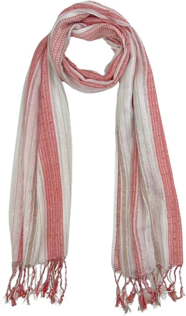 Humble Hilo Zari Weave Scarf Handmade Luxury Shawl Scarf Wrap Multicolor with Metallic Sequins (White and Light Red)