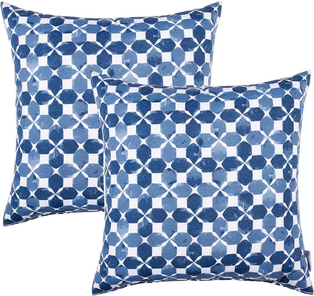 Outdoor/Indoor Throw Pillows, Pack of 2 Waterproof Decorative Throw Pillows with Inserts, 18x18 Square Pillows for Bed, Couch, Sofa and Patio Furniture (Blue White With Plaid)