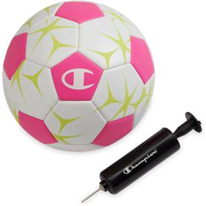 Champion Soccer Ball Youth & Adult  Matte Finish, 32-Panel Design, Enhanced Control, Sizes PVC Cover, Sizes 3,4 and 5 for Indoor & Outdoor Training, Includes 6" Pump (White/Optic Pink/Evening Primrose)