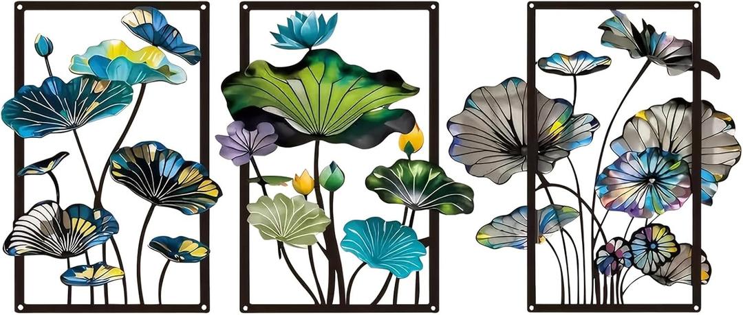 pechpell 3 Pieces Metal Lotus Flower Wall Art Sculpture, 11.811 Inch Asian Oriental Chinese Hanging Decor, Floral Living Room Bedroom Bathroom Kitchen Decorations For Home (colorful)