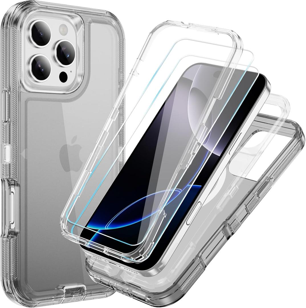 Compatible with iPhone 16 Pro Case with HD Screen Protector, Heavy Duty Shockproof [3 in 1] Clear Phone Cases for iPhone 16 Pro 6.3" (Black)
