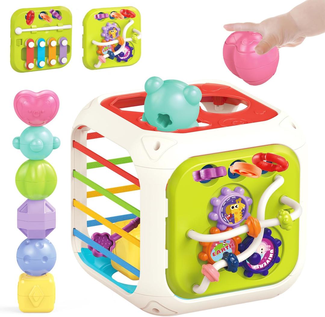 MINGKIDS 7 in 1 Montessori Toys for Toddlers 1 Year, Shape Sorter, Colorful Stacking and Pull String Toys, Car Travel Toys, Christmas Birthday Gifts for Toddler, Stocking Stuffer
