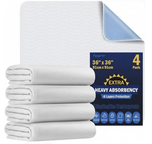 FYGRIP 4 Pack 34” x 36” Extra Heavy Absorbency Washable Under Pads, Waterproof Quick Drying Nursing Incontinence Reusable Washable Bed Pee Pads for Dogs, Diaper Changing & Adults, White