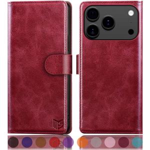 SUANPOT Compatible with iPhone 17 Pro 6.3" Wallet case with RFID Blocking Credit Card Holder,Flip Book PU Leather Protective Cover Women Men for Apple 17 Pro Phone case Red