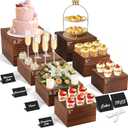 Qinzave 7 Pack Wooden Risers Display Stands with Acrylic Maker Pen and Mini Sign, Food Risers for Buffet Table Shelf Display Stand for Party Catering Dessert Cupcake Jewelry