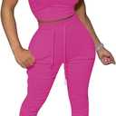 PINSV Women's 2 Piece Outfits Bodycon Lounge Wear Crop Top Stacked Pants Going Out Jogging Tracksuit Sets (L)