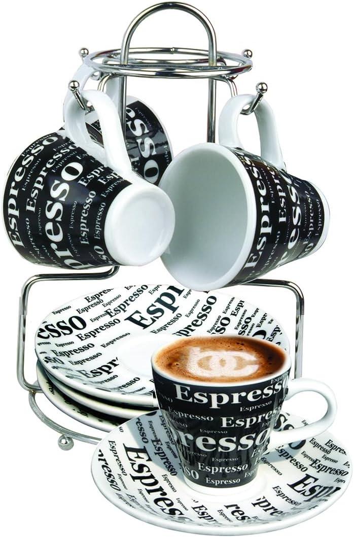 Bene Casa - Ceramic 9 Piece Espresso Set Including Metal Stand - 4 Espresso Cups (3oz) and 4 Saucers - Stain Resistant Glaze