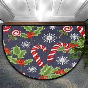 Christmas Half Round Rugs Candy Cane Half Round Door Mat Indoor Entryway Welcome Mat Non-Slip Low Profile Snowflakes Semicircular Door Mat for Patio Christmas Half Round Kitchen Rug (36x24in)