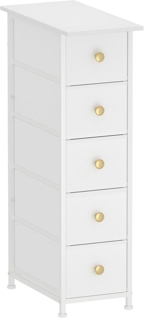 GiftGo Narrow Dresser Cabinet Vertical Slim Dresser Chest of Drawers Skinny Storage Tower for Small Spaces Gaps Closet Bedroom Bathroom Small Fabric Drawer Unit (White, 5 Drawers) 19.7"D x 9.8"W x 35.2"H (5 Drawers)