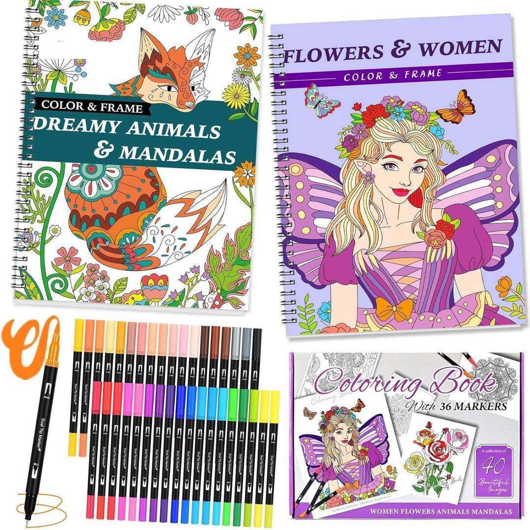Tirphy Adult Coloring Book with 36 Colors Markers, Spiral Bound Mindfulness Coloring Books for Adults Relaxation, Anxiety Relief Gifts with 40 Patterns Include Animal Mandala Women Flowers