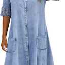 Denim Dress for Women 2026 Summer Casual Lace Trim Half Sleeve Blue Jean Dresses Button Down Shirt Dress Western Outfits
