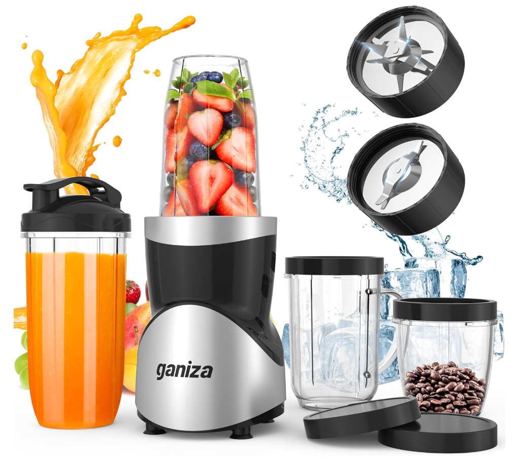 Ganiza Smoothie Blender, 900W Blenders for Shakes and Smoothies, 15-Piece Personal Blender and Grinder Combo for Kitchen, Smoothies Maker with 4 BPA-Free Portable Cup, Nutritious Recipe