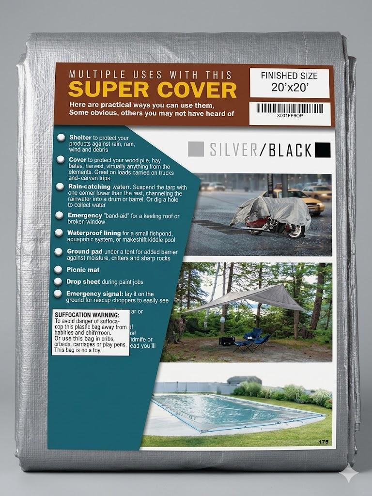 Trademark Supplies Tarp Cover 20X20 Silver/Black Heavy Duty Thick Material, Waterproof, Great for Tarpaulin Canopy Tent, Boat, RV Or Pool Cover!