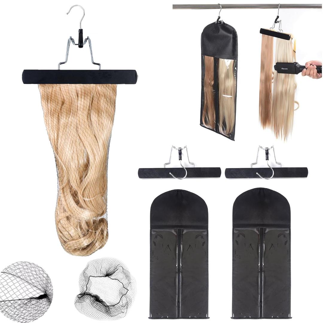 Two Pack Virgin Hair Extension Hanger with Anti-Slip Bag, Portable Protection Wig Hanger, Gift
