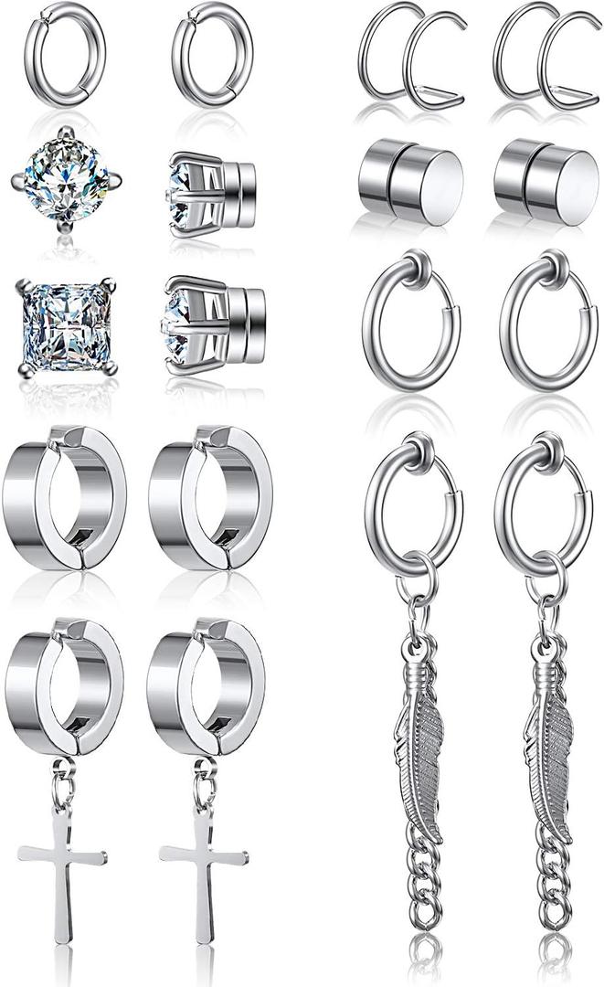 Hicarer 9 Pairs Magnetic Stud Earrings Non Pierced Silver Stainless Steel Feather Dangle Earrings for Women and Men