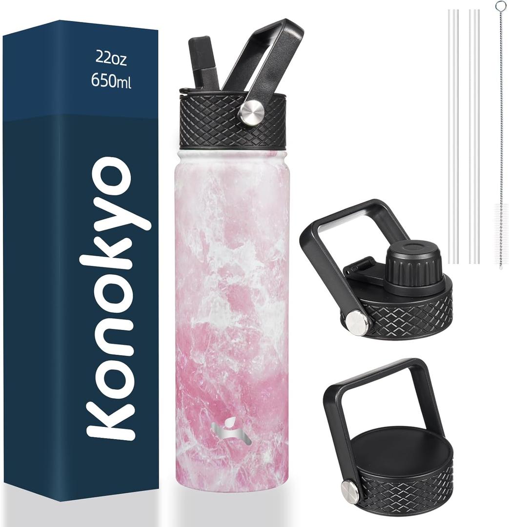 Konokyo 22oz Stainless Steel Bottles with 3 Lids Sport Insulated Water Bottle, Marble Blossom