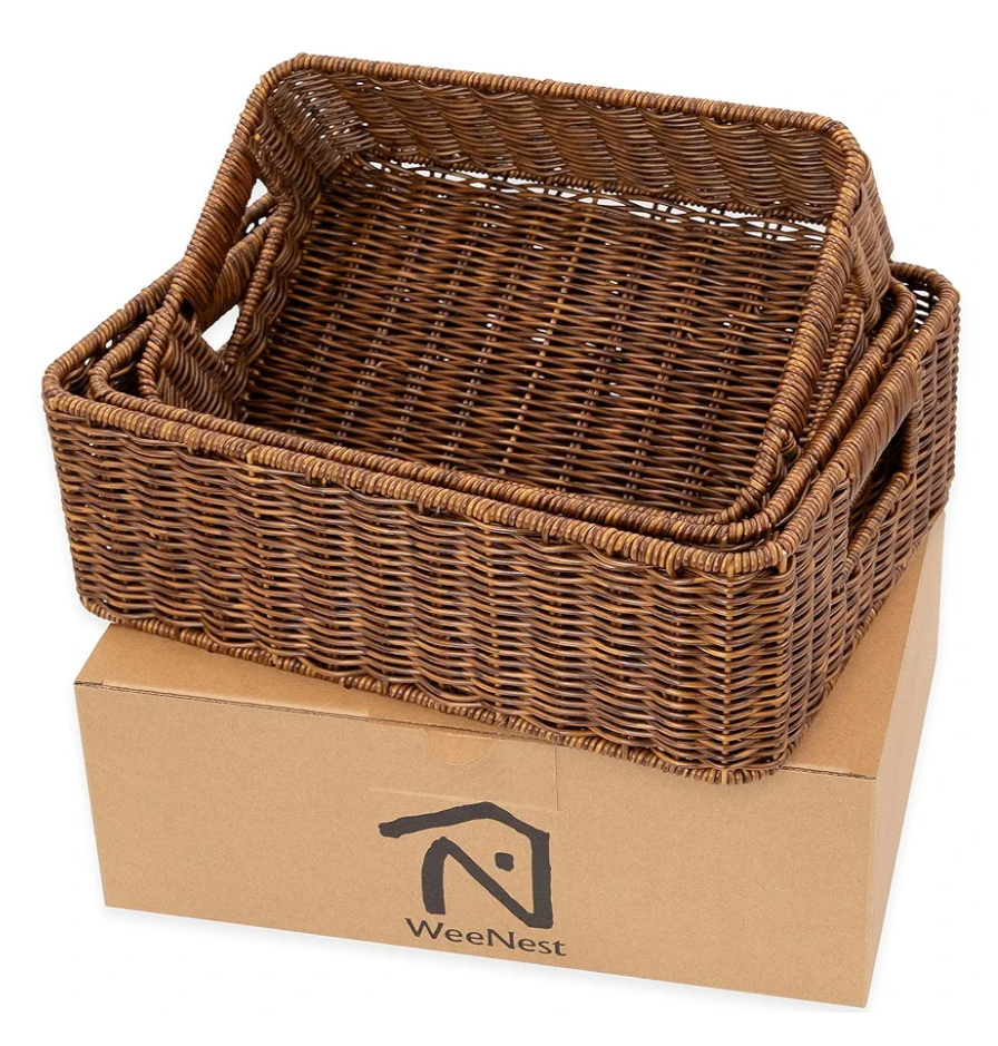 Baskets for Organizing, Undershelf Wicker Storage, Hand Woven Organizer for Closet Organization, Rectangular, Set of 3, Toffee