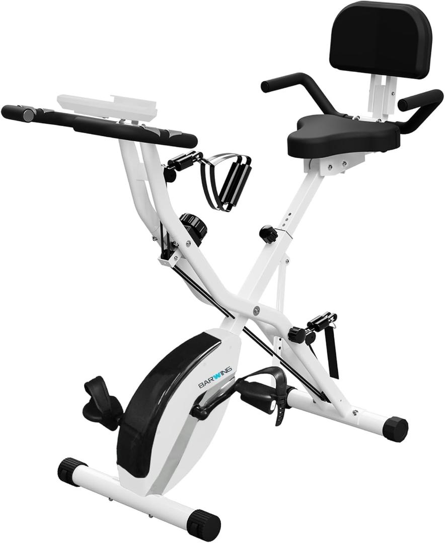 BARWING Stationary Exercise Bike for Home Workout, 5 IN 1 Foldable Indoor Cycling Bike for Seniors, 350LB Capacity, 16-Level Magnetic Resistance, Seat Backrest Adjustments (X2-White)